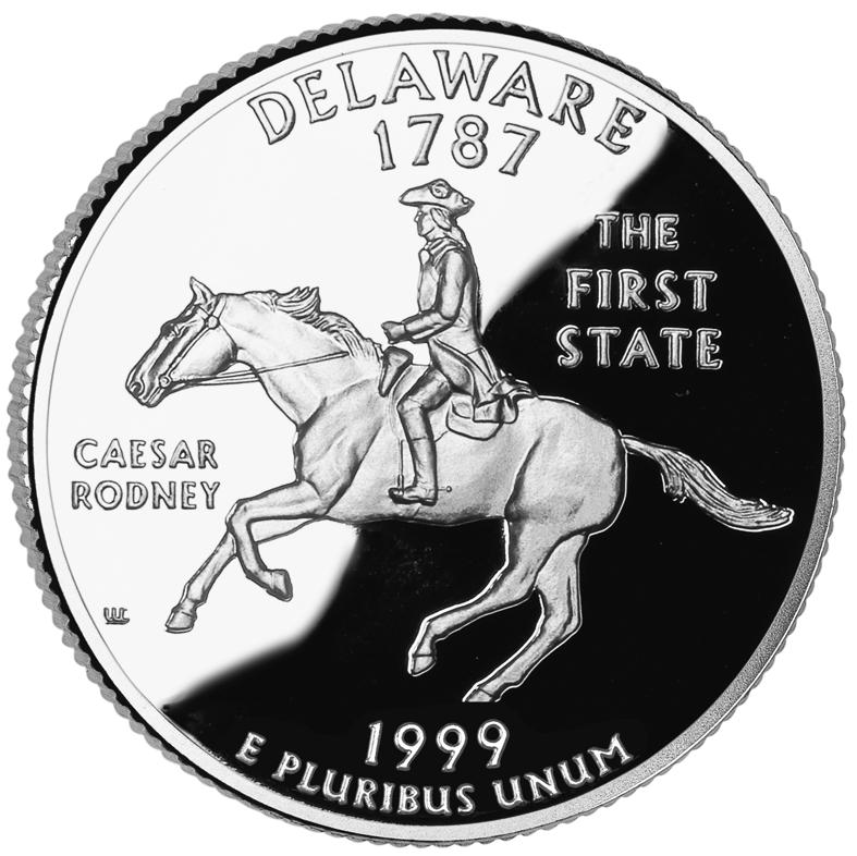 Normal 1999 Delaware state quarter reverse showing Caesar Rodney on horseback