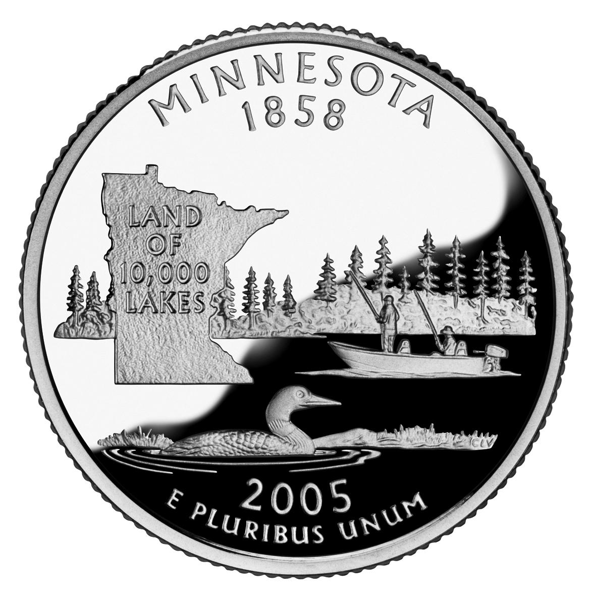 Normal 2005 Minnesota state quarter reverse showing lake, loon, and evergreen trees