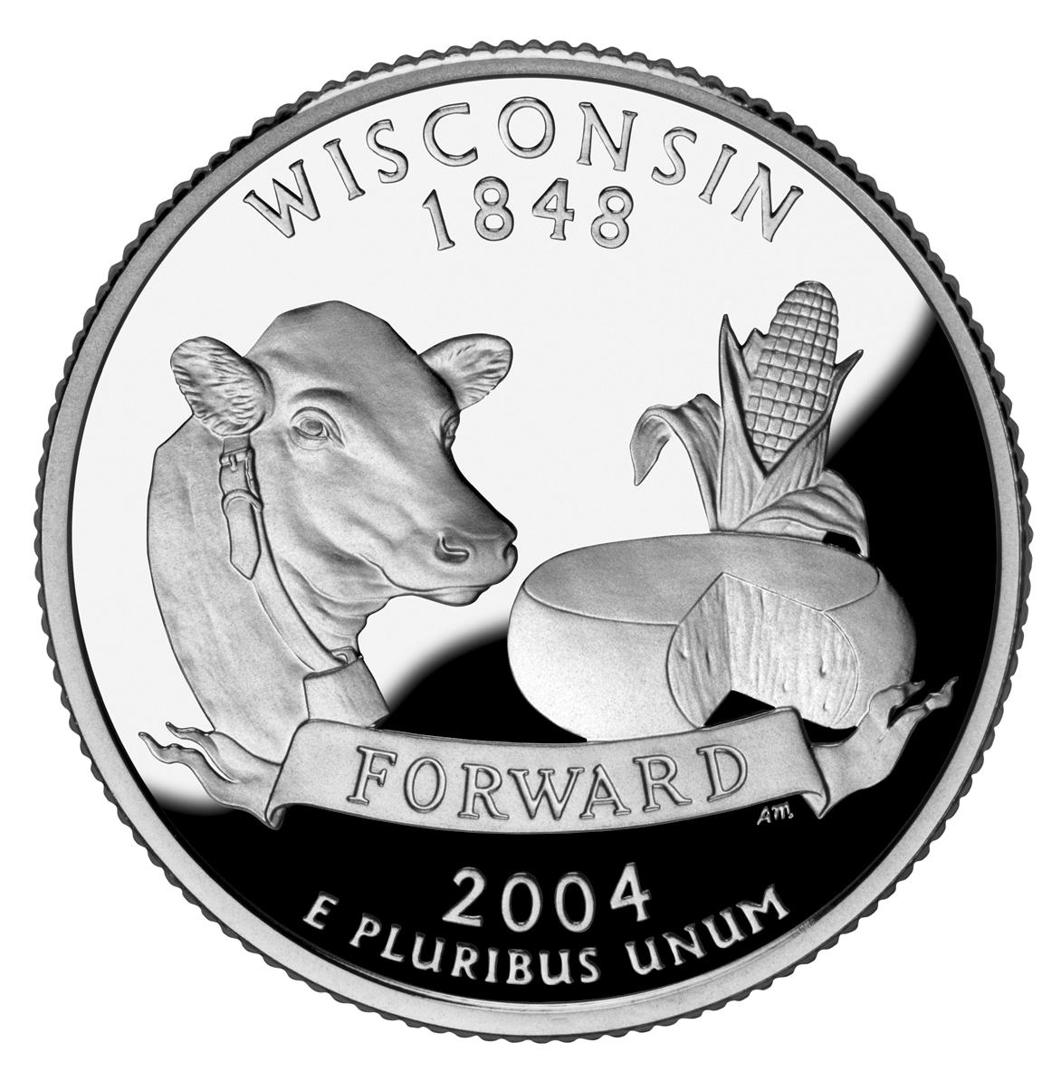 Normal 2004 Wisconsin state quarter reverse showing cow, cheese wheel, and ear of corn